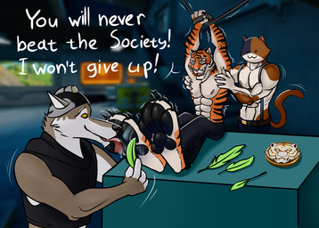 4_fingers abs anthro belt black_bottomwear black_clothing black_pants black_pawpads black_stripes bodily_fluids bottomwear brown_body brown_fur cheek_tuft claws clothed clothing crying dialogue drooling eyes_closed facial_tuft fangs feet finger_claws fingers foot_fetish foot_lick foot_play fur fur_tuft furgonomic_headwear furgonomics green_loose_feather grey_body grey_fur group licking looking_at_foot loose_feather male male/male motion_lines multicolored_body multicolored_fur muscular muscular_anthro muscular_male nipples orange_body orange_fur pants pawpads paws pecs saliva saliva_on_foot saliva_on_tongue snout striped_body striped_fur stripes suspenders tail talking_to_another tears teeth text tickle_fetish tickling tickling_armpits tickling_feet toe_claws tongue tongue_out topless topless_anthro topless_male trio tuft white_body white_fur yellow_sclera tigre-io tigrio_prulsan epic_games fortnite meowscles oscar_(fortnite) wendell_(fortnite) calico_cat canid canine canis domestic_cat felid feline felis mammal pantherine tiger wolf english_text hi_res
