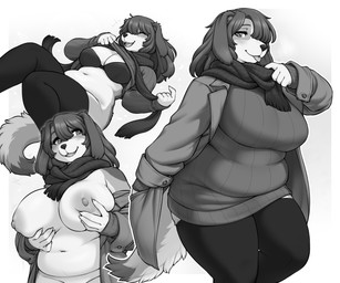 anthro areola belly big_breasts biped blep bra breast_squish breasts clothing coat emanata eyes_closed female female_anthro floppy_ears hand_on_breast hand_on_own_breast legwear looking_at_viewer navel nipples open_mouth open_smile overweight overweight_anthro overweight_female scarf slightly_chubby slightly_chubby_anthro slightly_chubby_female smile solo squish sweater thick_thighs thigh_highs tongue tongue_out topwear underwear undressing iriedono june_(largefluffydog) canid canine canis domestic_dog mammal 2025 digital_media_(artwork) greyscale monochrome