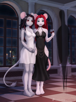 4_toes 5_fingers alcohol anthro beverage black_clothing black_dress black_hair blue_eyes candle candle_holder chain clothing container cup detailed_background dress drinking_glass duo feet female fingers floor glass glass_container glass_cup hair highlights_(coloring) holding_alcohol humanoid_hands long_hair no_shoes patreon_logo patreon_username paws pink_tail red_eyes red_hair red_highlights tail tail_tuft text tile tile_floor toes tuft white_clothing white_dress wine wine_glass unluckymireille hollow_hip_backless_chain_dress patreon mammal mouse murid murine rodent 2025 3:4 absurd_res artist_name digital_media_(artwork) hi_res signature