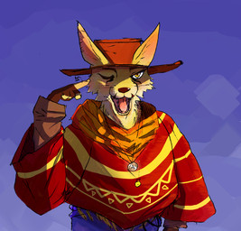 anthro bell black_nose blue_bottomwear blue_clothing blue_pants bottomwear brown_body brown_fur canine_ears claws clothing cowboy_hat fur gesture hand_gesture hat headgear headwear inner_ear_fluff jewelry looking_at_viewer male messy_fur mexican_poncho name_tag necklace one_eye_closed open_mouth oversized_clothing pants poncho simple_background solo teeth tuft whiskers white_body white_fur yellow_body yellow_eyes yellow_fur ancient_bread(discord) gale_(galefoxy) canid canine fennec_fox fox mammal red_fox true_fox digital_media_(artwork) hi_res