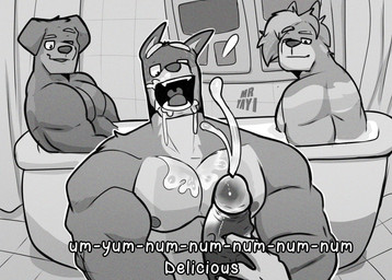 anthro bath bathroom bathtub bedroom bodily_fluids cum cum_drip cum_in_mouth cum_inside cum_on_body cum_on_chest cum_on_face cum_on_penis cum_splatter cum_string cumshot dialogue dripping drooling ejaculation erect_nipples erection eyebrows genital_fluids genitals group half-closed_eyes humanoid_genitalia humanoid_penis looking_at_genitalia looking_at_penis looking_down looking_pleasured male male/male muscular muscular_anthro muscular_male narrowed_eyes nipples nude open_mouth penis raised_eyebrow saliva smile smirk smirking_at_another vein veiny_penis yayi_mr_(artist) bluey_(series) anonymous_character bandit_heeler fido_(bluey) radley_heeler australian_cattle_dog canid canine canis cattledog domestic_dog herding_dog mammal pastoral_dog greyscale hi_res monochrome brother_(lore) brothers_(lore) sibling_(lore)