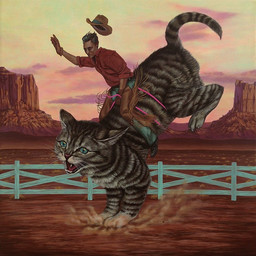 bronco bucking clothing cowboy cowboy_hat duo feral hat headgear headwear male mount riding rodeo taming casey_weldon domestic_cat felid feline felis human mammal 1:1