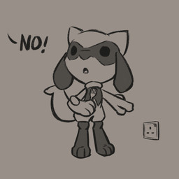 3_toes ambiguous_gender anthro cutlery electrical_outlet feet fingers fork fur gesture hand_gesture holding_fork kitchen_utensils open_mouth pointing simple_background solo text toes tools advos nintendo pokemon canid canine generation_4_pokemon mammal pokemon_(species) riolu 1:1 digital_media_(artwork) english_text hi_res monochrome