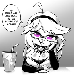 anthro armwear beverage big_breasts blush breasts buckteeth cleavage clothed clothing drinking_straw elbow_gloves eyebrows eyewear female glasses gloves hand_on_cheek hand_on_face handwear ice ice_cube looking_at_viewer purple_eyes raised_eyebrow smug solo speech_bubble teeth text senorkah roxy_(senorkah) lagomorph leporid mammal rabbit 2025 english_text greyscale monochrome