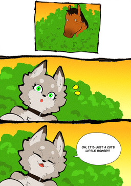 anthro big_breasts bodily_fluids breasts duo female feral fur green_eyes grey_body male male/female nude public public_nudity solo text white_body kimcuongnguyen chim_chim_cheree_(kimcuongnguyen) canid canine equid equine fox horse mammal comic cropped digital_media_(artwork) english_text hi_res