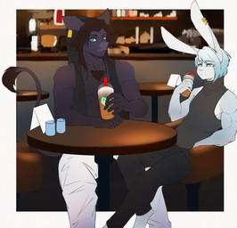 anthro beverage black_body blue_eyes blue_hair border brown_hair chair clothed clothing coffee coffee_cup coffee_shop container cup duo ear_piercing ear_ring ear_tag femboy furniture green_eyes hair looking_at_viewer male piercing ring_piercing sitting table white_body white_border notravi bull_(giegues) tristan_(bluebunboi) bovid bovine cattle lagomorph leporid mammal rabbit digital_media_(artwork) hi_res