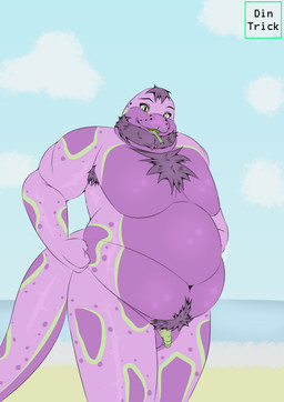 anthro armpit_hair balls beard belly big_belly body_hair chest_hair facial_hair flaccid foreskin forked_tongue genitals green_body green_eyes green_penis hair long_foreskin male moobs navel nude nude_beach open_mouth open_smile overweight overweight_male penis pubes purple_body smile solo tail tongue unretracted_foreskin dintrick python reptile scalie snake absurd_res hi_res