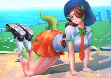 all_fours blue_clothing blue_headwear blush bodily_fluids bottomwear breasts brown_eyes brown_hair claws clothing day detailed_background female footwear fur grass green_body green_fur growth hair hat headgear headwear light_body light_skin looking_back necktie open_mouth orange_bottomwear orange_clothing orange_necktie outside path pawpads plant pokemon_transformation shirt shoes shorts socks solo species_transformation sweat tail tail_growth topwear torn_bottomwear torn_clothing torn_shoes transformation white_clothing white_sclera white_topwear furzota nintendo pokemon juliana_(pokemon) generation_9_pokemon human mammal meowscarada pokemon_(species) 2022 digital_media_(artwork) hi_res story story_in_description