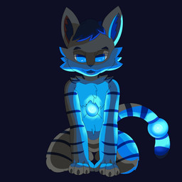 4_fingers anthro blep blue_hair fingers glowing hair male solo striped_body stripes tongue tongue_out lewdkitten069 entro'pi felid mammal 1:1 hi_res