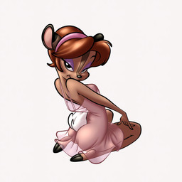 4_fingers accessory anthro bare_shoulders barefoot bedroom_eyes biped breasts brown_body brown_fur butt closed_smile clothed clothed_anthro clothed_female clothing cloven_hooves countershade_face countershading eyebrows eyelashes eyeshadow feet female female_anthro fingers fur hair hair_accessory hairband hooves kneeling lingerie looking_at_viewer looking_back looking_back_at_viewer makeup mouth_closed narrowed_eyes red_hair scut_tail seductive seiza short_tail side_boob simple_background sitting smile snout solo tail toony translucent translucent_clothing translucent_lingerie white_background white_tail stanmort bonkers_(series) fawn_deer deer mammal 1:1 hi_res