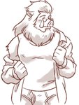 anthro beard briefs bulge clothing dress_shirt eyes_closed eyewear facial_hair glasses male pig_snout shirt simple_background solo tank_top topwear tusks unbuttoned_shirt underwear white_background shirako the_boy_and_the_beast iozen mammal suid suina sus_(pig) wild_boar 3:4 monochrome