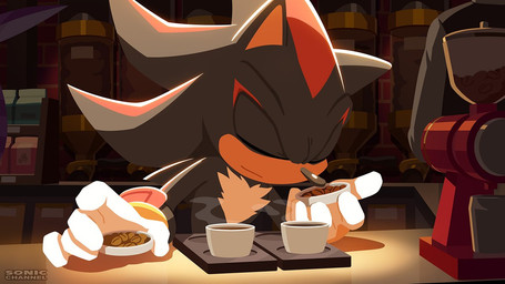 5_fingers anthro bean beverage biped black_body black_fur black_nose cafeteria chest_tuft clothing coffee coffee_bean container cup eyes_closed fingers fur gloves handwear inside male mouth_closed multicolored_body multicolored_fur red_body red_fur sitting sniffing solo tea tea_cup tuft white_clothing white_gloves white_handwear uno_yuuji sega sonic_channel sonic_the_hedgehog_(series) shadow_the_hedgehog eulipotyphlan european_hedgehog hedgehog mammal 16:9 2025 cel_shading digital_drawing_(artwork) digital_media_(artwork) lineless official_art shaded wallpaper widescreen