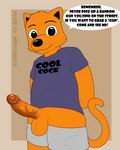 4:5 absurd_res anthro balls clothed clothing cool_cat cool_cat_(series) dialogue domestic_cat english_text erection felid feline felis genitals hi_res humanoid_genitalia humanoid_penis inprogress looking_at_viewer male mammal penis shirt smile solo t-shirt text topwear