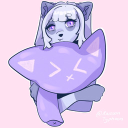 accessory anthro female front_view fur hair hair_accessory hair_tie hug hugging_object hugging_plushie looking_at_viewer plushie purple_body purple_eyes purple_fur purple_hair simple_background solo young young_anthro young_female raccoontyphoon aria_(ariathecub) canid canine fox mammal 1:1 absurd_res hi_res shaded