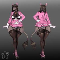 accessory anthro big_breasts black_hooves bottomwear bra breasts cleavage clothed clothing cosplay dipstick_ears ear_markings female garter gloves hair handwear hooves legwear multicolored_ears office office_lady panties pink_bottomwear pink_clothing pink_skirt skimpy skirt solo stockings tail thigh_gap under_boob underwear wide_hips goshkatyan noelle_(alphaleader) asinus donkey equid equine mammal 1:1 absurd_res hi_res