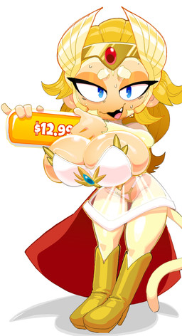 anthro big_breasts blonde_hair blue_eyes bodily_fluids boots breasts camel_toe cape cleavage cleavage_overflow clothed clothing cosplay countershading cute_fangs dress eyebrows eyelashes fangs female footwear fur hair huge_breasts long_hair long_tail looking_at_viewer narrowed_eyes nervous nervous_sweat open_mouth panties pink_tongue price price_tag pupils red_cap shoes simple_background sweat sweatdrop tail tan_body tan_countershading tan_skin teeth teeth_showing thick_eyelashes thick_thighs tongue translucent translucent_clothing translucent_dress underwear white_background white_body white_clothing white_dress white_eyebrows white_fur white_tail wide_hips yellow_boots yellow_clothing yellow_footwear goatboydraws bloons_tower_defense masters_of_the_universe mattel netflix ninja_kiwi she-ra_(copyright) she-ra_and_the_princesses_of_power adora_(bloons) she-ra_(she-ra) haplorhine mammal monkey primate absurd_res hi_res