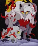 ambiguous_gender duo feral fur hair looking_at_viewer red_body red_fur simple_background white_body white_fur 0zzycat nintendo pokemon pokemon_legends_arceus canid canine generation_8_pokemon hisuian_form hisuian_zoroark hisuian_zorua mammal pokemon_(species) regional_form_(pokemon) hi_res