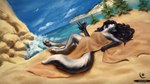 anthro beach biped canid canine claws container cup digital_media_(artwork) drinking_glass enfield female fur glass glass_container glass_cup grey_body grey_fur hair heronia hi_res hioshiru_(character) holding_object lying mammal on_back pawpads pose seaside solo toe_claws towel wallpaper water wine_glass