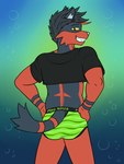 anthro briefs butt clothing crop_top green_briefs green_clothing green_underwear male shirt smile smiling_at_viewer smirk smirking_at_viewer solo topwear underwear fuze nintendo pokemon lucas_(fuze) generation_7_pokemon pokemon_(species) torracat 3:4 hi_res