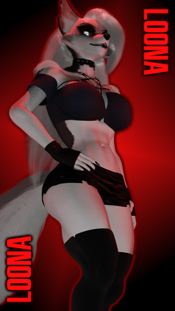 accessory anthro bottomwear clothed clothing collar female fingerless_gloves fur garter glistening glistening_hair gloves hair hand_on_hip handwear harness legwear looking_at_viewer low-angle_view occult_symbol pentagram pentagram_harness red_sclera shirt shorts simple_background solo spiked_collar spikes stockings symbol tail topwear white_body white_eyes white_fur white_hair teknotyk samzan_(modeler) hellaverse helluva_boss mythology loona_(helluva_boss) canid canid_demon canine demon hellhound mammal mythological_canine mythological_creature 3d_(artwork) 4k 9:16 absurd_res blender_(artwork) digital_media_(artwork) hi_res