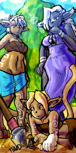 anthro black_body black_fur breasts clothed clothing cloud female fur hair larger_female looking_down macro male melee_weapon micro mountain orange_body orange_fur polearm sand size_difference smaller_male sound_effects spear sun tattoo text weapon white_body white_fur white_hair mrease twokinds carver_(twokinds) basitin canid canine fox keidran mammal english_text hi_res