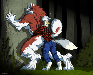 5_fingers against_natural_surface against_surface against_tree animal_genitalia animal_penis anthro anthro_on_anthro bodily_fluids bodyguard_position bottomwear breasts butt canine_genitalia canine_penis caught_in_the_act cheek_tuft claw_marks clawing claws clitoris clothed clothing denim denim_bottomwear denim_clothing digitigrade duo exclamation_point eyes_closed facial_tuft fangs female female_penetrated fingers forest from_behind_position genital_fluids genitals heterochromia jeans knot larger_female larger_penetrated larger_sub looking_back looking_pleasured male male/female male_penetrating male_penetrating_female muscular muscular_female nude open_mouth outside pants penetration penile penile_penetration penis penis_in_vagina plant rock sex shrub side_boob size_difference smaller_male standing standing_sex submissive tail teeth tree triceps tuft vaginal vaginal_fluids vaginal_penetration vulva wfa mythology bella_(gasaraki2007) canid canine canis collie domestic_dog herding_dog husky mammal mythological_canine mythological_creature nordic_sled_dog pastoral_dog sheepdog spitz werecanid werecanine werecreature werewolf 2018
