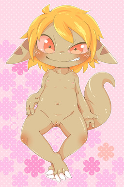anthro blonde_hair blush breasts brown_body censor_bar censored_genitalia censored_vulva claws fangs female floral_pattern genitals hair ineffective_censorship loli looking_at_viewer navel nipples nude orange_eyes pattern_background pink_background pink_sclera simple_background small_breasts smile solo tail teeth toe_claws vulva young young_anthro young_female doneru tany_(doneru) bamfear censored hi_res adult_(lore)