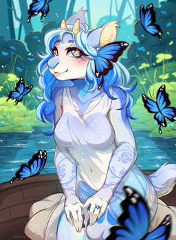 5_fingers anthro blue_eyes blue_hair blush breasts clothing dress featureless_breasts female fingers fluffy fluffy_tail fur hair horn inner_ear_fluff long_hair medium_breasts multicolored_body multicolored_fur nature nature_background navel ring short_tail sitting solo sparkles sparkling_clothing star_pupils tail translucent translucent_clothing translucent_dress tuft water crydogg deer hybrid mammal nymph hi_res
