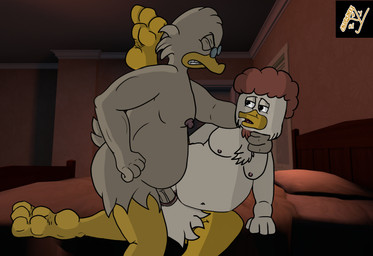 age_difference anthro belly duo eyewear eyewear_only feet flippers glasses glasses_only hand_on_neck intersex male nude older_anthro older_male overweight overweight_anthro overweight_male penetration slightly_chubby slightly_chubby_anthro slightly_chubby_male soles vaginal vaginal_penetration wearing_glasses aldenyates disney ducktales ducktales_(2017) aldenyates_(character) scrooge_mcduck anatid anseriform avian bird duck hi_res trans_(lore)