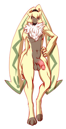 anthro arrogant balls belt collar femboy flaccid fluffy fluffy_chest fur genitals humanoid_genitalia humanoid_penis long_ears male mostly_nude navel orange_eyes penis ponytail_ears slim solo yellow_body yellow_fur kaizer33226 bandai_namco digimon digimon_(species) symbareangoramon absurd_res hi_res