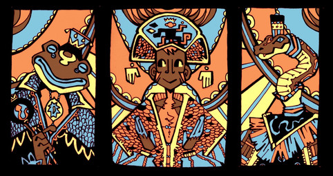 ambiguous_gender clothing feral hat headgear headwear jewelry looking_at_viewer pendant robe semi-anthro solo stylized triptych magnagallina amphibian frog haplorhine mammal monkey primate reptile scalie snake multiple_images restricted_palette