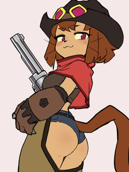anthro blush bottomwear breasts butt clothed clothing cowboy_hat cowgirl_outfit curvy_figure female gun gun_arm handgun hat headgear headwear hotpants hourglass_figure looking_at_viewer looking_back magenta_eyes midriff ranged_weapon revolver shorts skimpy smug solo weapon weapon_arm lilkon gameoverse glitch_productions kit_bodega domestic_cat felid feline felis mammal absurd_res hi_res