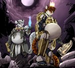 anthro armor belly big_belly crown duo gun hammer handgun headgear huge_belly male pistol pregnant pregnant_male ranged_weapon rubble ruins tools weapon pandottermon destiny_(video_game) felid mammal pantherine snow_leopard tiger