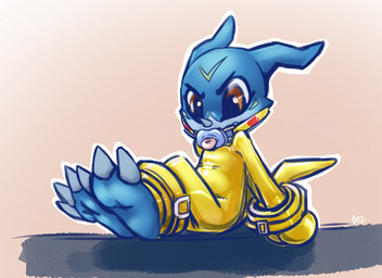 4_toes anthro bdsm bodysuit bondage bound brown_eyes claws clothing costume feet foot_focus gag gagged glistening latex male pacifier pacifier_gag pikachu_onesie pokemon_costume simple_background skinsuit solo submissive submissive_male tight_clothing toe_claws toes toony bose bandai_namco digimon mythology nintendo pokemon digimon_(species) dragon generation_1_pokemon mythological_creature mythological_scalie pikachu pokemon_(species) scalie veemon 2016 digital_drawing_(artwork) digital_media_(artwork)