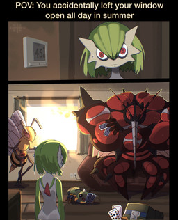 2_panel_comic ambiguous_gender antennae_(anatomy) anthro black_body black_eyes black_stripes blue_eyes bodily_fluids card container cup curtains curtains_open glaring glaring_at_another green_hair group hair holding_object multicolored_body muscular muscular_anthro playing_card poker red_body red_eyes spikes spikes_(anatomy) striped_body stripes summer sweat sweatdrop text white_body wings yellow_body n3kotsu nintendo pokemon beedrill buzzwole charjabug gardevoir generation_1_pokemon generation_2_pokemon generation_3_pokemon generation_7_pokemon pokemon_(species) spinarak ultra_beast 2026 comic english_text hi_res