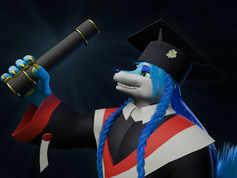 anthro braided_hair clothing fur graduation graduation_cap hair male simple_background smile solo guispe_opockjha solzin canid canine canis mammal wolf 3d_(artwork) 4:3 digital_media_(artwork) shaded
