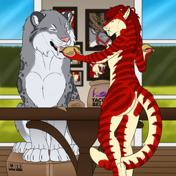 ambiguous_feral ambiguous_gender anthro big_fangs duo eyes_closed fangs feral food fur furniture hair holding_food holding_object holding_taco inside male male_anthro markings nude open_mouth pink_nose pink_tongue red_body red_fur red_hair short_hair sitting slim_anthro slim_male standing striped_arms striped_legs striped_markings striped_tail stripes table taco tail tail_markings teeth tongue yellow_body yellow_fur killthe_demon taco_bell angel_(velvetvlade) kreb felid mammal 1:1 hi_res