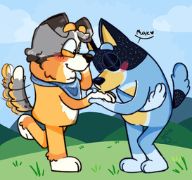 4_fingers afterimage ankle_tuft anthro anthro_on_anthro arms_bent bent_leg big_eyes black_body black_ears black_eyes black_fur black_heart black_markings black_nose black_spots black_tail blue_eyebrows blue_markings blue_sky blue_tail blush blush_lines blushing_profusely cheek_tuft closed_smile cloud dark_body dark_fur dark_markings day detailed_background duo eyebrows eyelashes eyes_closed facial_tuft female fingers floating_eyebrows floppy_ears folded_ears fur fur_tuft glistening glistening_body glistening_ears glistening_eyelids glistening_fur glistening_nose gloves_(marking) grass grey_body grey_ears grey_fur grey_tail half-closed_eyes hand_holding head_tuft heart_pupils heart_symbol hill humanoid_hands intraspecies iris kerchief kerchief_only leaning leaning_forward leg_markings leg_tuft light_body light_fur light_markings looking_at_another looking_at_partner male markings mature_anthro mature_female mature_male mostly_nude mostly_nude_anthro mostly_nude_female motion_lines mouth_closed multicolored_body multicolored_ears multicolored_fur multicolored_kerchief multicolored_neckerchief multicolored_tail narrowed_eyes neckerchief neckerchief_only neckwear nude nude_anthro nude_male on_one_leg orange_body orange_eyebrows orange_fur orange_tail outside pattern_kerchief pattern_neckerchief plant plantigrade pointy_ears prick_ears red_blush romantic romantic_couple sky smile smiling_at_another smiling_at_partner snout socks_(marking) sound_effects spots spotted_kerchief spotted_markings spotted_neckerchief spotted_tail standing straight_leg tail tail_markings tail_motion tailwag thick_eyebrows tuft two_tone_ears two_tone_kerchief two_tone_neckerchief white_body white_clouds white_fur white_heart white_markings white_sclera white_tail yellow_body yellow_fur yellow_inner_ear gabgabfelis bluey_(series) bandit_heeler calypso_(bluey) australian_cattle_dog australian_shepherd canid canine canis cattledog domestic_dog herding_dog mammal pastoral_dog sheepdog 2026 digital_drawing_(artwork) digital_media_(artwork) hi_res signature