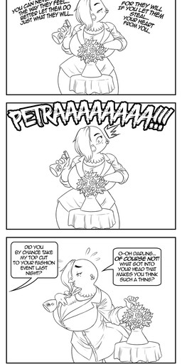 anthro beak big_breasts bottomwear bouquet breasts cere_(anatomy) choker cleavage clothed clothing cross dialogue duo ear_piercing feathers female flower flower_bouquet frown fully_clothed furniture jewelry miniskirt necklace non-mammal_breasts piercing plant shirt singing skirt spray_bottle table text topwear yelling chochi patty_(chochi) petra_(chochi) avian bird columbid parakeet parrot pigeon true_parrot 2022 black_and_white comic english_text hi_res monochrome