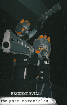 alternative_fashion anthro black_clothing black_gloves black_handwear chiappa_rhino clothing combat_gear combat_knife floppy_ears fur gloves grey_body grey_fur gun hair handgun handwear horn male orange_eyes orange_horn police police_uniform ranged_weapon revolver tail text uniform weapon conditional_dnp gusta capcom resident_evil gusta_(gusta) bovid caprine goat mammal english_text hi_res