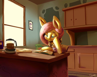 anthro beverage blue_eyes book cabinet clothed clothing coffee female food hair inside kitchen pink_hair reading semi-anthro sitting solo window swomswom friendship_is_magic hasbro my_little_pony fluttershy_(mlp) equid equine horse mammal pony 2013 5:4 source_request unavailable_at_source