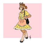 border clothing dress ear_piercing ear_ring female fur hair handbag hooves horn orange_eyes piercing pink_background ring_piercing simple_background smile solo tied_hair walking white_border bigmsaxon faun humanoid 1:1 hi_res