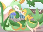 ambiguous_gender background_signs biped duo feral glistening glistening_eyes green_body leaf leaf_tail nose_to_nose red_eyes tail white_body azre nintendo pokemon generation_5_pokemon pokemon_(species) serperior snivy 4:3 hi_res signature