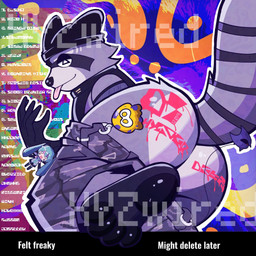 anthro beanie bedroom_eyes butt clothed clothing fur grey_body grey_fur hat headgear headwear keychain male multicolored_body narrowed_eyes paint_on_body paws presenting presenting_hindquarters seductive solo submissive submissive_male text tongue tongue_out xyz_wired nintendo ravepop_(russelbuck) sega sonic_the_hedgehog_(series) splatoon vocaloid hatsune_miku metal_sonic alien mammal procyonid raccoon 1:1 hi_res