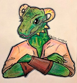 anthro armor clothed clothing crossed_arms curved_horn fangs gauntlets gloves green_body green_scales handwear horn looking_at_viewer male open_mouth scales simple_background smile solo teeth tongue glury_the_unown bethesda_game_studios microsoft skyrim the_elder_scrolls derkeethus argonian reptile scalie absurd_res hi_res portrait traditional_media_(artwork)