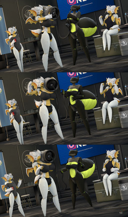 anthro arthropod_abdomen beer_keg belly big_breasts bloated breasts chugging clothing eyewear female glasses group inside nerd one-piece_swimsuit revamped_anthros size_difference small_breasts smaller_female swimwear wings donglysfm helldivers arthropod bile_spewer hunter_(helldivers) terminid 3d_(artwork) absurd_res comic digital_media_(artwork) hi_res source_filmmaker_(artwork)