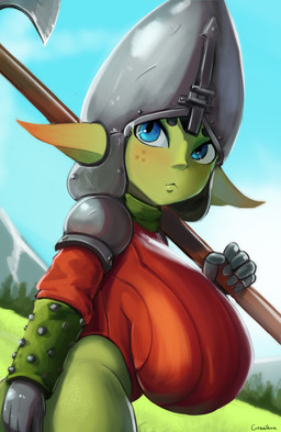 5_fingers armor axe big_breasts blue_eyes blush breasts clothed clothing female fingers green_body green_skin headgear helmet huge_breasts humanoid_pointy_ears looking_back melee_weapon not_furry outside pointy_ears solo weapon cranihum tani_(cranihum) goblin humanoid 2022 absurd_res hi_res