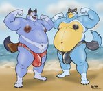 anthro areola barefoot beach belly belly_overhang big_areola big_belly big_bulge big_moobs bulge claws clothed clothing cloud day detailed_bulge duo eyebrows feet flexing fur huge_belly huge_bulge looking_at_viewer male moobs narrowed_eyes navel nipples obese obese_anthro obese_male open_mouth open_smile outside overweight overweight_anthro overweight_male plantigrade sand sky smile speedo standing swimwear topless topless_anthro topless_male tuft water husky2paws bluey_(series) bandit_heeler stripe_heeler australian_cattle_dog canid canine canis cattledog domestic_dog herding_dog mammal pastoral_dog 2024 signature brother_(lore) brothers_(lore) sibling_(lore)