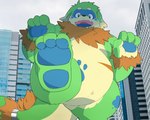 anthro blue_body brown_body feet green_body kemono macro outside overweight solo inunoshippo pento_(kamiyu) canid canine mammal 2022 5:4 hi_res