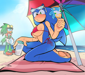 5_fingers aloha_shirt anthro ball barefoot beach beach_towel beach_umbrella beak big_breasts big_feet bikini biped blush blush_lines blushing_at_viewer bodily_fluids breasts clothed clothed_anthro clothed_female clothed_male clothing cloud cocktail_garnish cocktail_umbrella conjoined_eyes container countershade_breasts countershade_face countershade_feet countershade_torso countershading crossgender cup day duo eyewear eyewear_on_head feather_hair feathers feet female female_anthro female_focus fingers food footwear glass glass_container glass_cup glasses glasses_on_head gloves hair handwear hat headgear headwear heel_pad hip_tattoo holding_ball holding_container holding_cup holding_food holding_glass holding_object holding_popsicle holding_volleyball horizon humanoid_hands iris kneeling kneeling_on_ground lens_flare long_hair looking_at_another looking_at_viewer male male_anthro mouth_closed mtf_crossgender open_beak open_mouth parasol pattern_clothing pattern_shirt pattern_topwear pawpads plantigrade plantigrade_pawpads popsicle pose pseudo_hair pupils sand sandals sea seaside shadow_the_hedgehog_logo shirt shocked shoes short_tail side_view skimpy skimpy_bikini sky solo_focus standing sun sunglasses sunglasses_on_head sweat sweaty_arms sweaty_body sweaty_breasts swimwear tail tail_feathers tattoo topwear towel two-piece_swimsuit umbrella umbrella_drink visor_cap volleyball_(ball) water wearing_sunglasses shaddycatz sega sonic_riders sonic_the_hedgehog_(series) jet_the_hawk sonic_the_hedgehog accipitrid accipitriform avian bird eulipotyphlan hedgehog mammal 2026 absurd_res digital_drawing_(artwork) digital_media_(artwork) hi_res pinup shaded